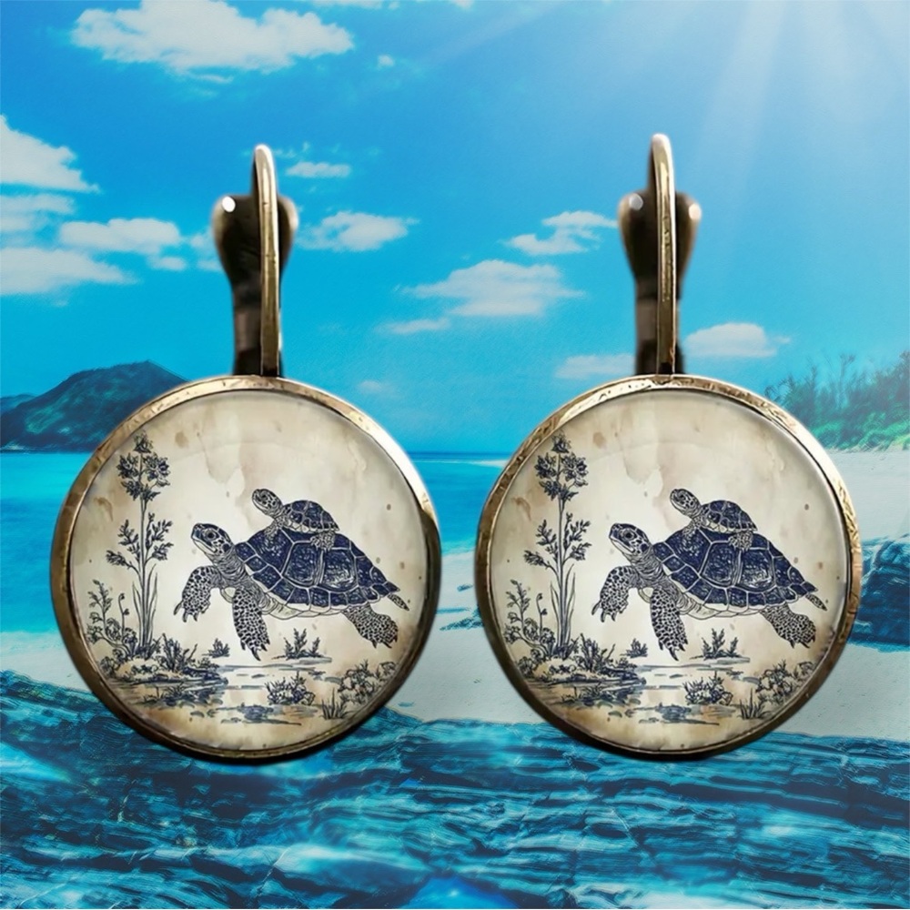 🆕 Vintage - Illustrated - Turtle Family - Lever Back Earrings - Delft Blue 🐢